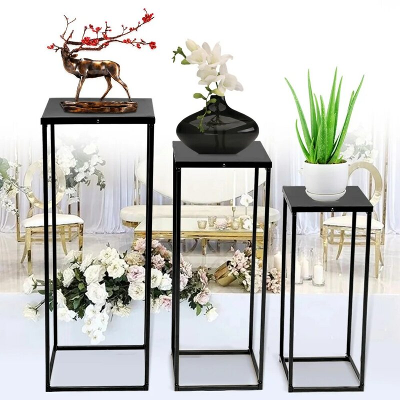 Soporte de Metal para plantas, estante cuadrado alto para flores, decoración para sala de estar y Patio, color negro, 3 unidades