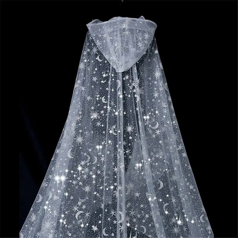 Bridal Veil Wedding Cape White Sparkly Glittering Stars Moon Long Cathedral Sequined Shawl Hooded Veil for Bride Cloak