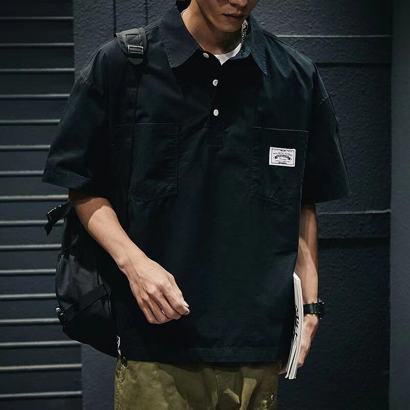 Koreański amerykański swobodny męska koszulka letni styl oprzyrządowania z krótkim rękawem nowa kieszeń koszula kołnierzyk męska odzież luźna Plus Size Top