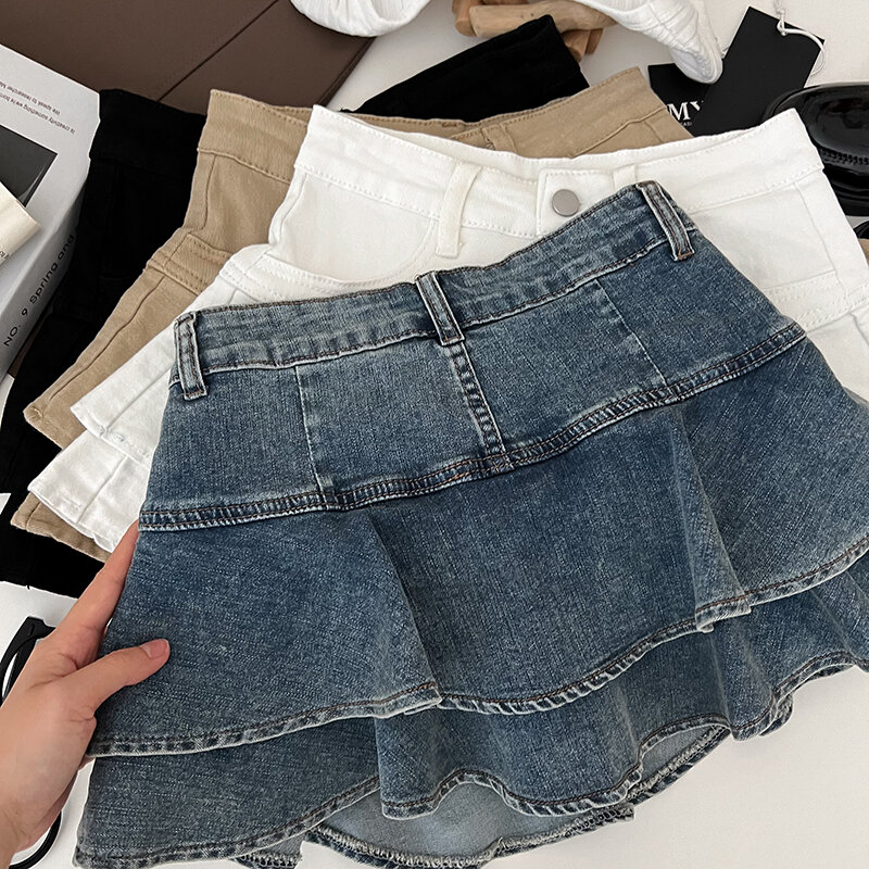Jeans Skirts Design fashionable versatile double-layer ruffled high waist slimming Denim Skort skirt pettiskirt for women Faldas