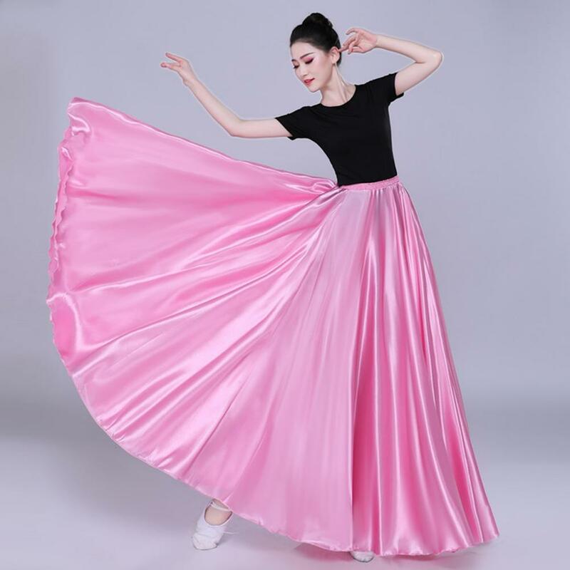 High Elastic Waist Skirt Elegant Satin Performance Skirt with High Elastic Waist Pleated Super Big Hem for Spanish Dance Swing