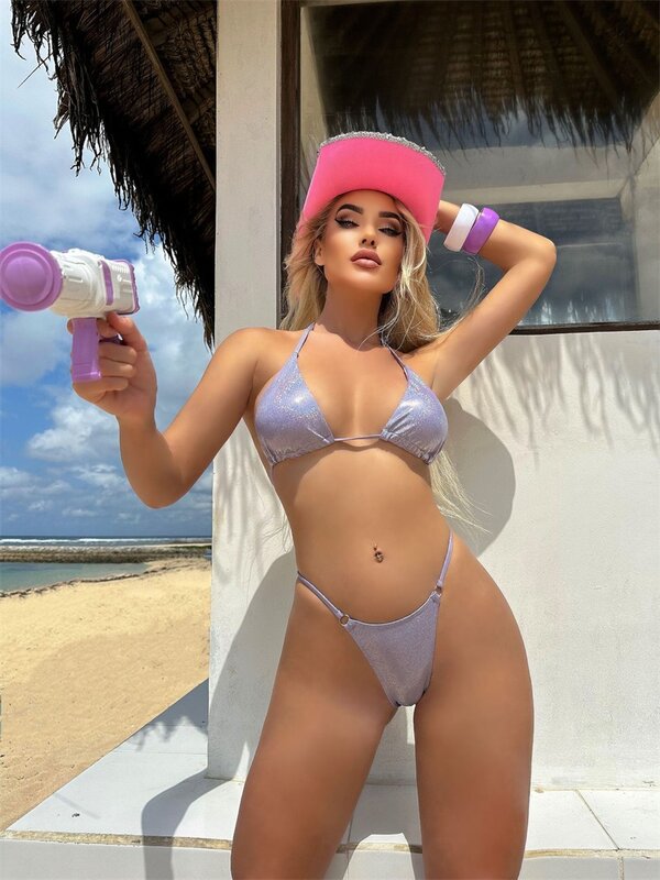 2-częściowy błyszczący Bikini damskie strój kąpielowy Top + bielizna Bling letnie przyjęcie na plaży Sexy gorąca dziewczyna Streetwear szaty sznurowane
