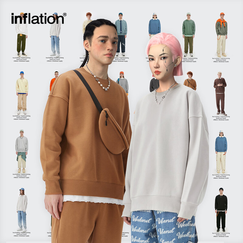 INFLATION Mens Plain Sweatshirts Couple Loose Velvet Fleece Warm Crewneck Pullovers