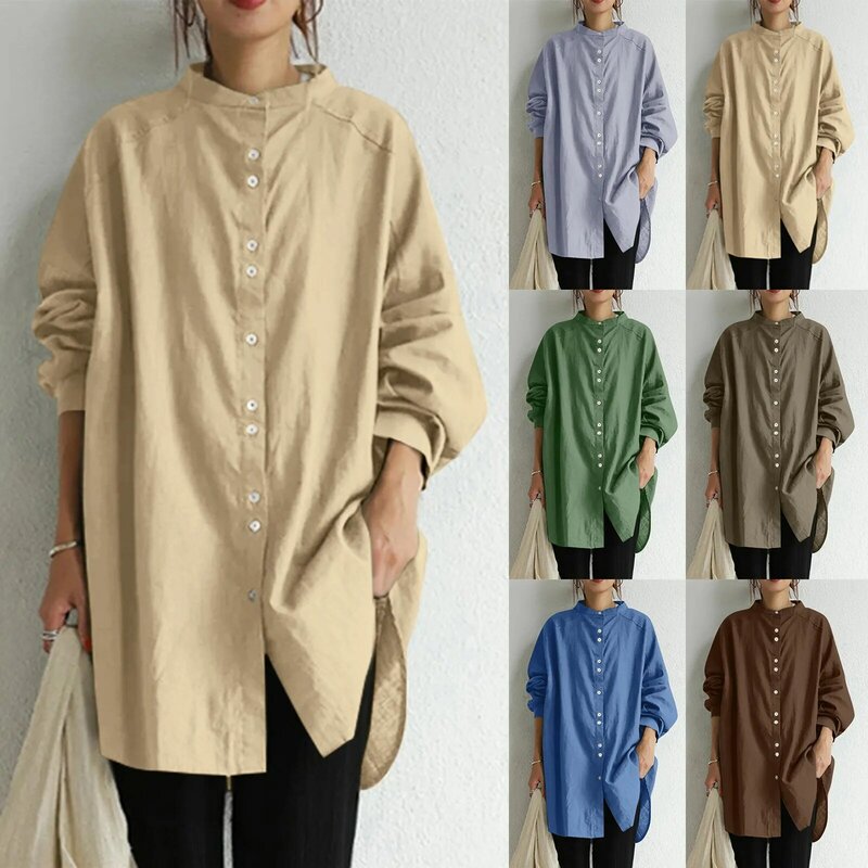 Kobiety Casual Vintage Solid Shirt Tunics 2024 Summer Button Loose Chic Cardigan Office Lady Long Sleeve Cotton Linen Blouse