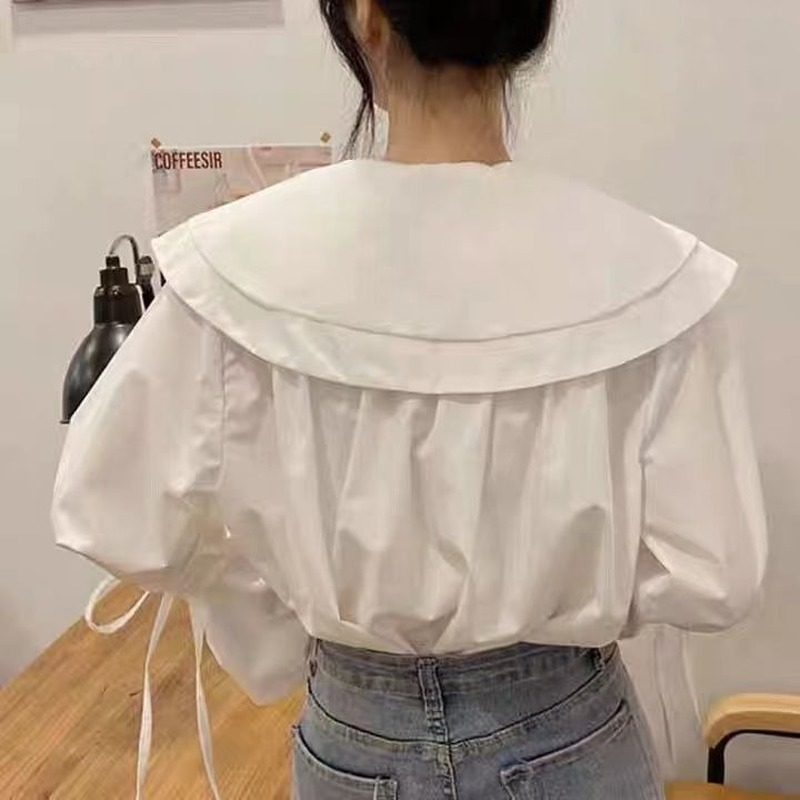 QWEEK Women's Blouses Kawaii Harajuku Lolita Sweet Soft Girls Loose Shirts Korean Style White Black Long Sleeve Tops Ruffle Cute