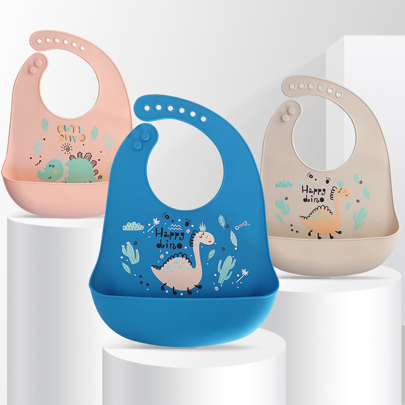 Bavoir imperméable en silicone souple et réglable pour bébé fille et garçon, accessoire d'alimentation mignon avec imprimé de dinosaure de dessin animé