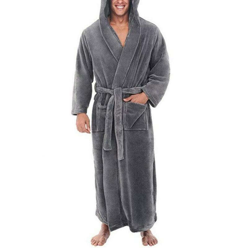 Jubah mandi panjang kantong pakaian tidur, jubah mandi rumah bulu karang lembut warna polos untuk pria