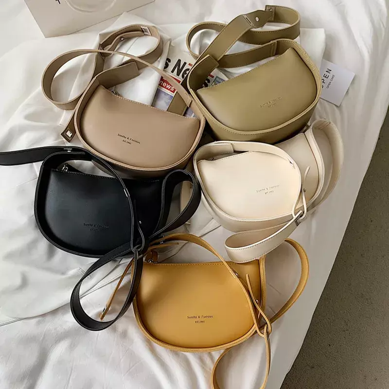 Sadel tas selempang kecil wanita, kantung Bahu setengah lingkaran desainer tren 2024, tas tangan dan dompet wanita kulit PU