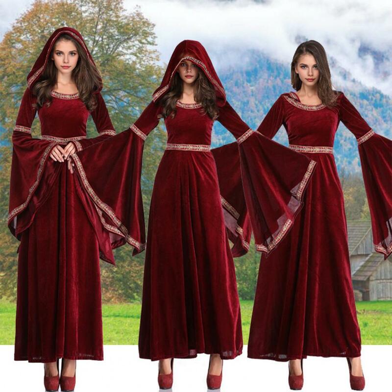 Velvet Maxi Dress Victorian-inspired Vintage Women's Halloween Cosplay Maxi Dress with Bell Sleeves Contrasting for Medieval