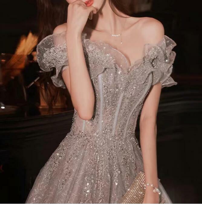 Gorgeous Evening Dresses Strapless Off Shoulder Sequin Beaded Bandage Shiny Slim A-Line Backless Floor-Length Wedding Party Gown