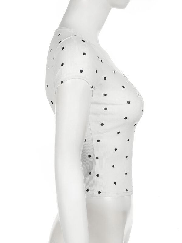 IAMSURE 캐주얼 도트 프린트 크롭 티셔츠, 기본 슬림 O-넥 반팔 티, 2024 여름 패션 스트리트웨어