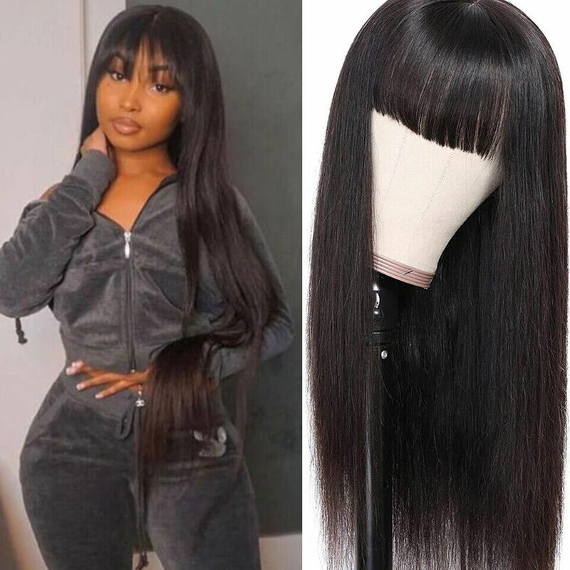 Straight Human Hair Wigs With Bangs  Full Machine Made Wigs For Women Glueless Straight Remy Human Hair Wigs Natural Color