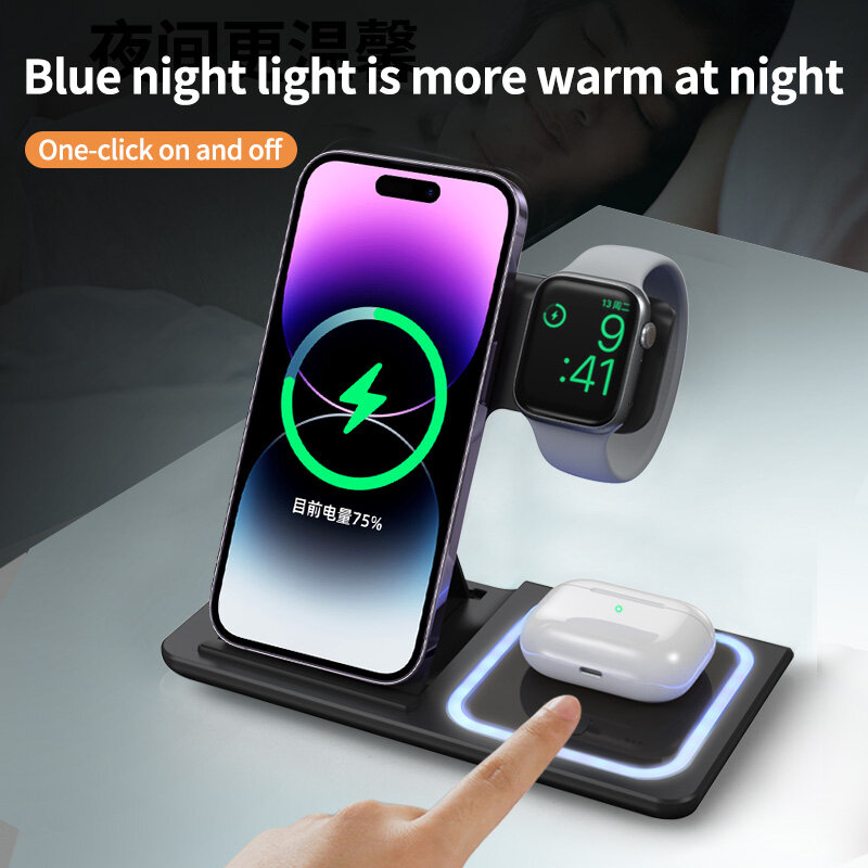 3 in 1 Induction Wireless Charger Stand Qi 15W for IPhone14 13 12 ProMax Apple Watch SE S8 7 6 5 4 3 AirPods Foldable Charging