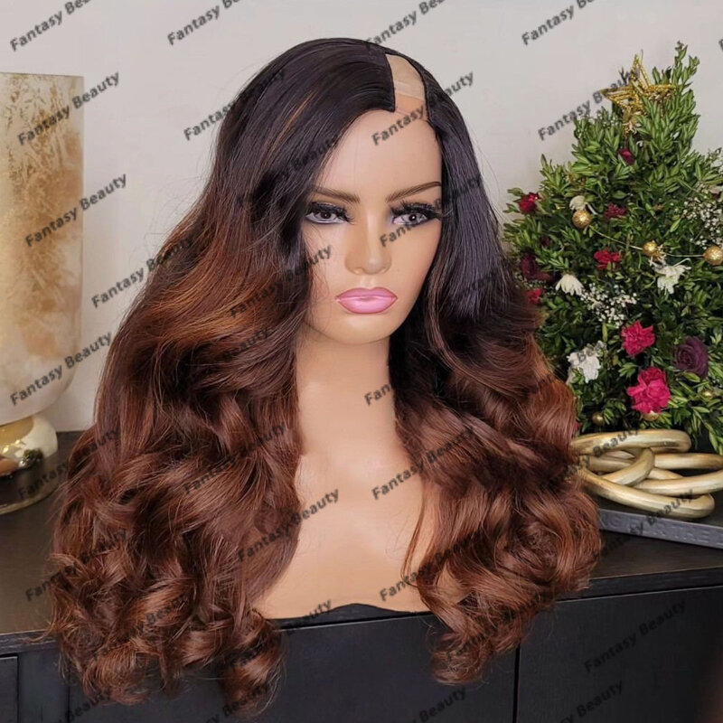 Brazilian Human Hair Opening Middle V Part Wigs for Women Ombre Glueless Body Wave Copper Brown 1x4 Size U Shaped Wigs Remy Hair