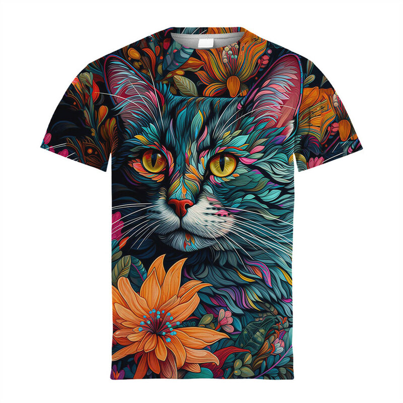 Camisetas con estampado de cuello redondo para niños, ropa de moda, disfraz de gato, camiseta de manga corta para niño
