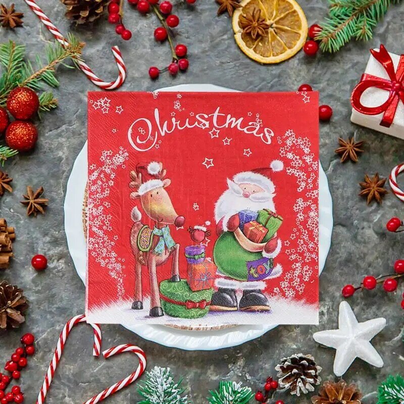 20pcs Christmas Paper Napkins Santa Claus and his deer printed napkins facial tissues suitable for New Year restaurants bakeries