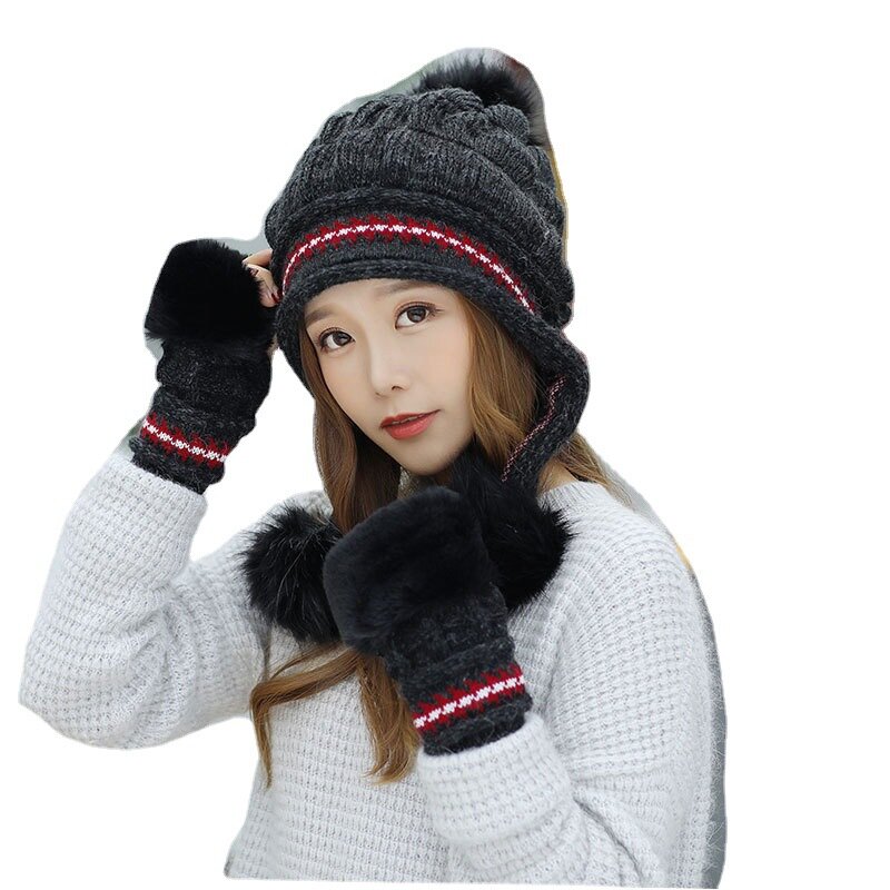 Topi rajut musim dingin wanita, topi pelindung telinga luar ruangan Hip-Hop polos salju mewah bulu kelinci 2022