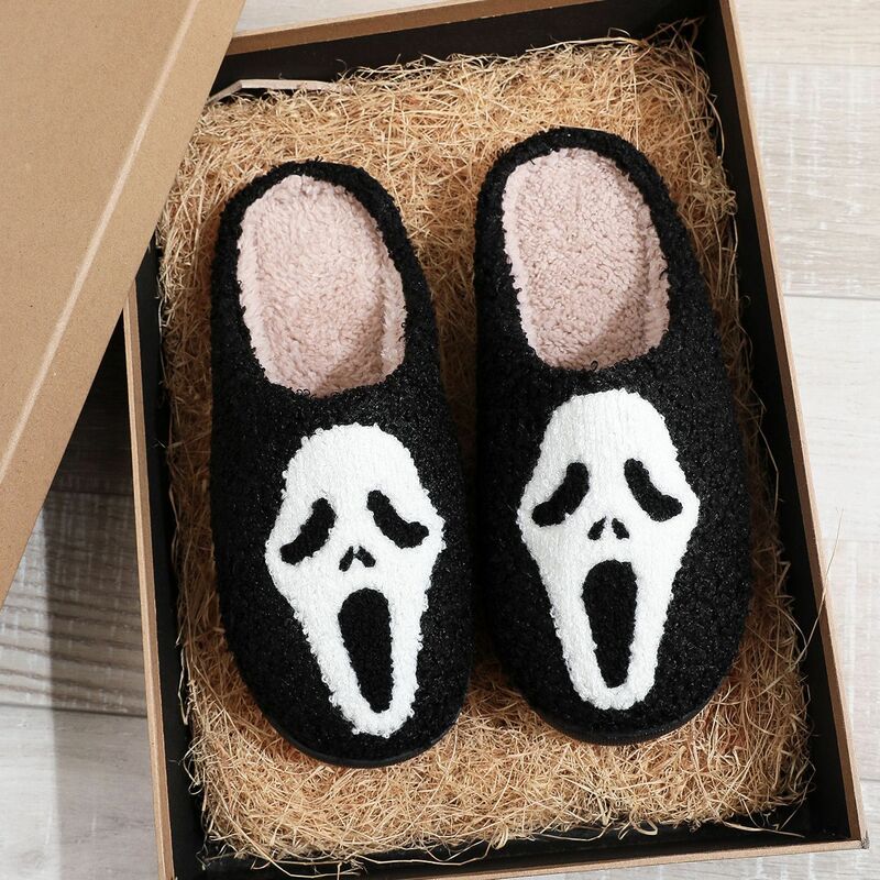 2024 Ghostface Home Cotten Slippers Women's Winter Halloween Black Warm Plush Slippers Men Flip Flops Indoor Floor Slippers Gift