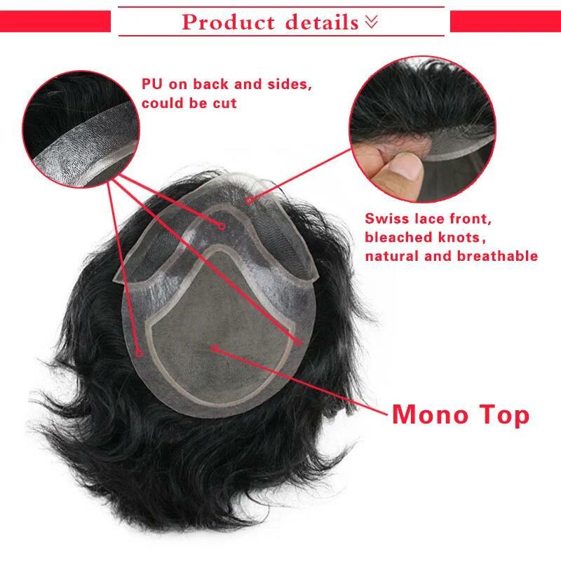 Pwigs Men's Toupee 10×8 Wigs Human Hair Men Toupee Mono Lace With Npu Around Men's Hair System Color 1B