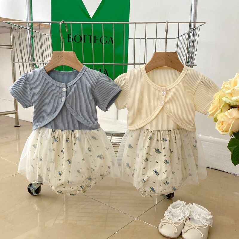 Newborn Baby Girls Summer Clothes Set: Floral Sling One-piece Bodysuit, Mesh Patchwork, Solid Coat - 2pcs for Infants Kids 0-24M