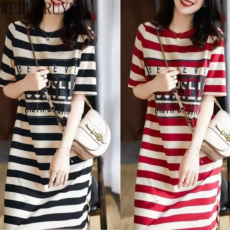 Striped Print Short Sleeve Midi Dress Summer Aesthetic Clothes Korean Fashion Casual Harajuku Dresses for Women 2023 Vestidos