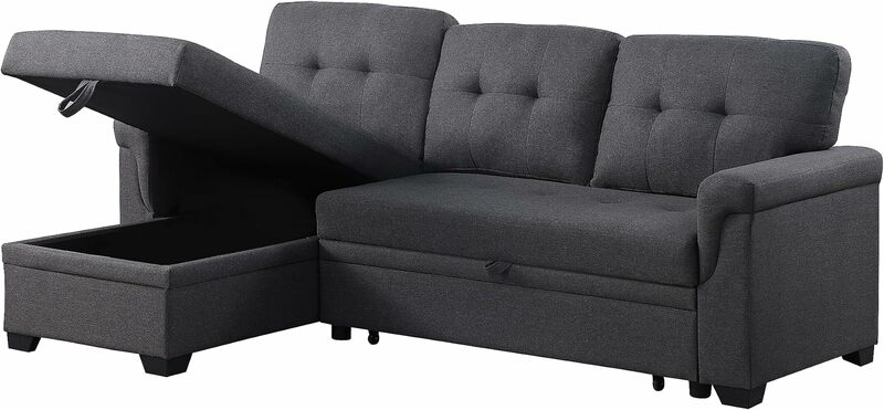 L-Shape secional Sleeper Sofa, com Chaise Storage e pull-out Bed, Encosto de linho adornado, reversível 3 lugares, 84"