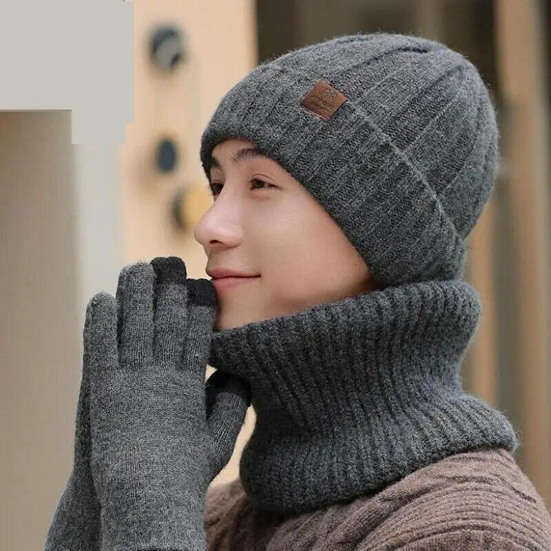 Winter Hat Scarf Gloves Set For Men Knitted Beanie Velvet Touch Screen Gloves Keep Warm Outdoor Cold-proof Windproof New Sets