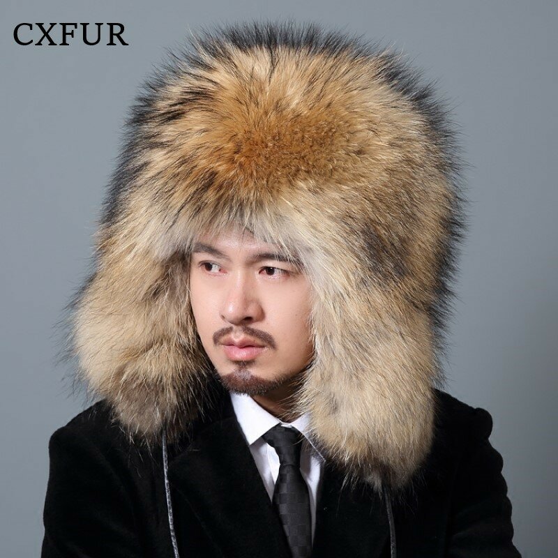 Gorgeous Natural Color Earflap Genuine Raccoon Fox Fur Russian Hat for Men CX-C-219A