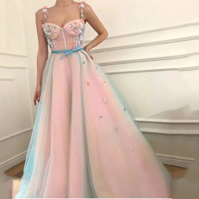Schöne rosa Ballkleider Perlen 3d Blumen Spaghetti träger Abendkleider boden lange Damen tanzen Party kleid Kleid