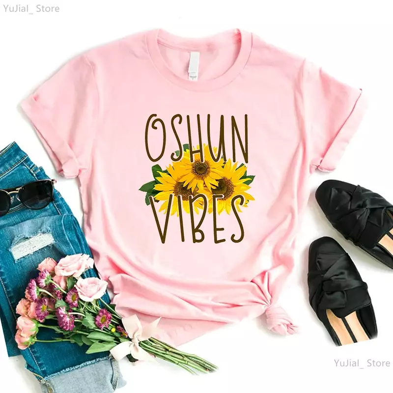 The African Goddess Oshun Vibes Sunflower Printed T Shirt Women Funny Gray/Green/Yellow/Pink/Black Tshirt Femme Harajuku Shirt