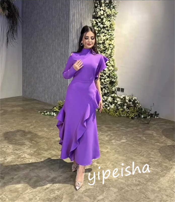 Gaun Prom Arab Saudi Jersey pesta Ruffles A-line kerah tinggi Bespoke gaun acara gaun Midi