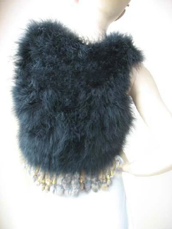 Gilet invernale con scialle in vera pelliccia di piume di struzzo da ragazza nero blu