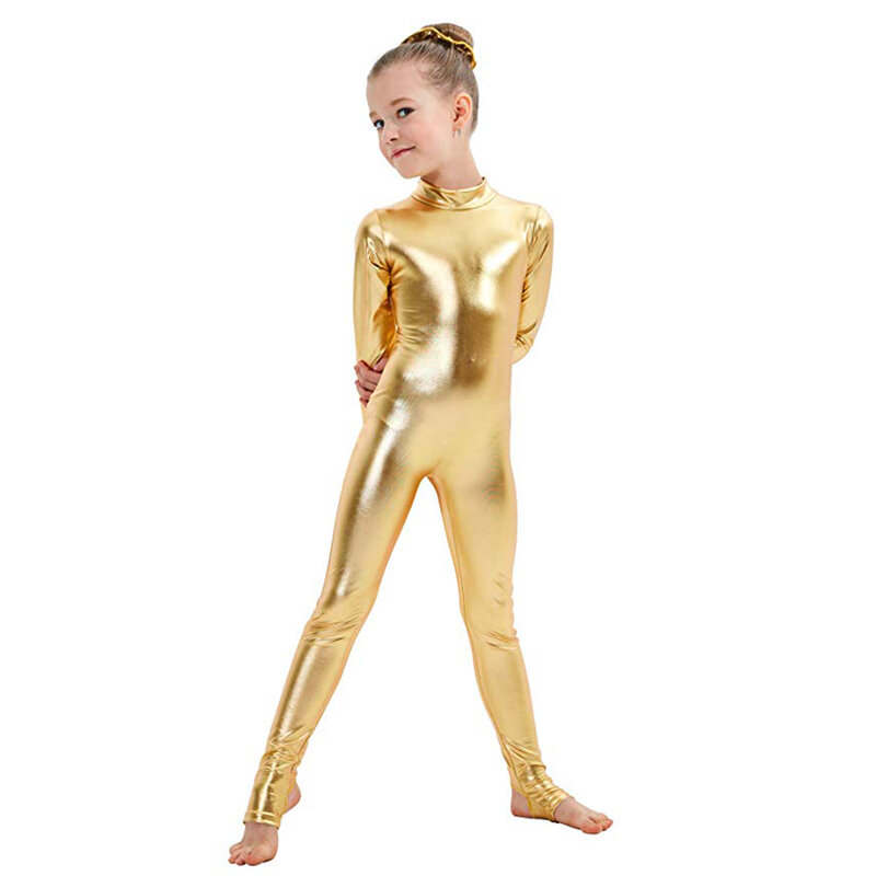 AOYLISEY-meninas macacão metálico brilhante, manga comprida, macacão de ginástica, corpo inteiro, traje de Halloween, dança do estribo
