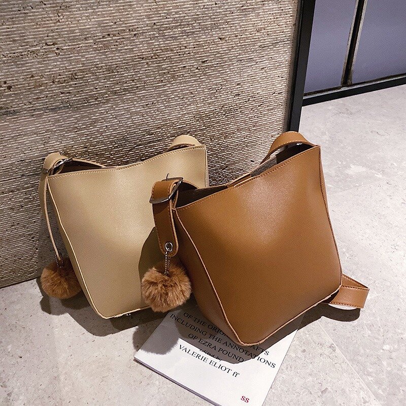 ASDS-Simple Solid Bucket Bags For Women New Design Thread Hair Ball Ladies Shoulder Bag Large Capacity Flap Bags