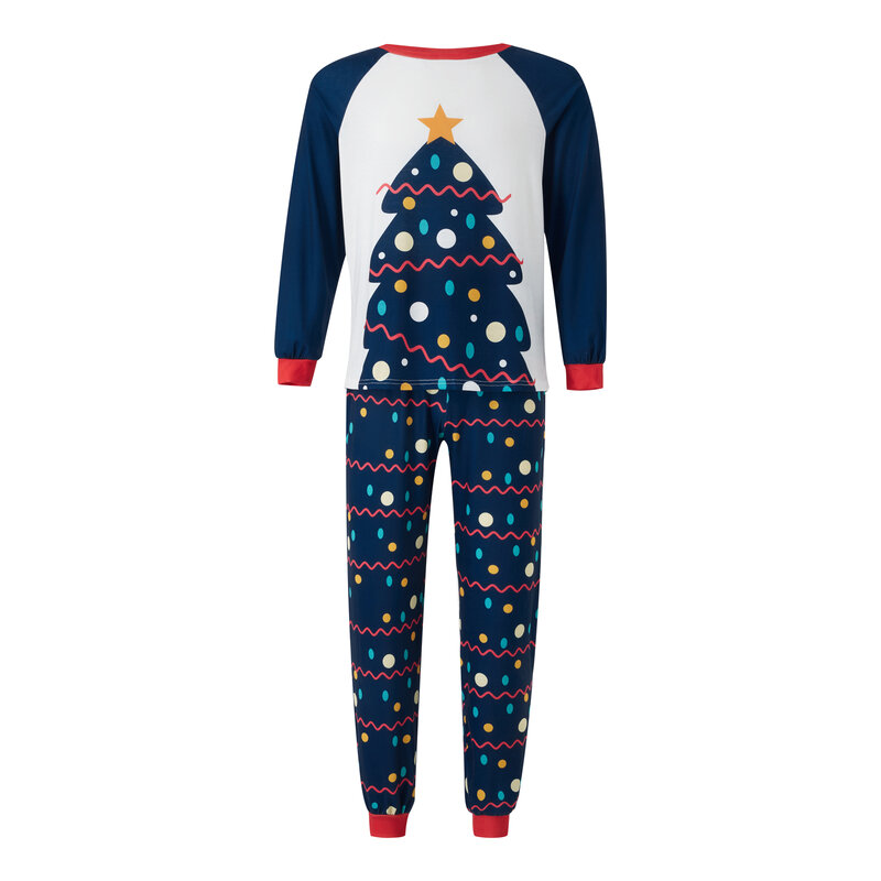 ツリープリントのクリスマスファミリーパジャマ、カラーマッチングクラシッククルーネックカジュアルスタイルバケーション服