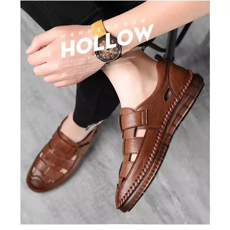 Sandalias huecas de estilo romano para hombre, zapatos de cuero suave sin cordones, informales, para caminar al aire libre, Verano