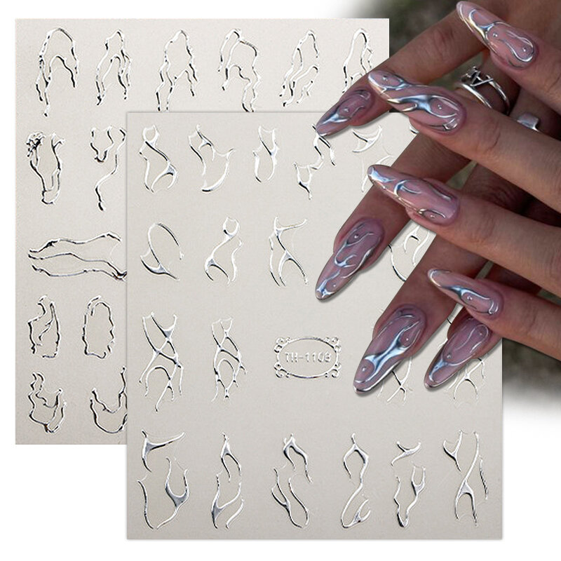 3D srebrna ramka naklejka do paznokci srebrny brązujący pasek linie suwaki do paznokci wzór plemienny naklejki marmurowe kwitnące tatuaże paznokci