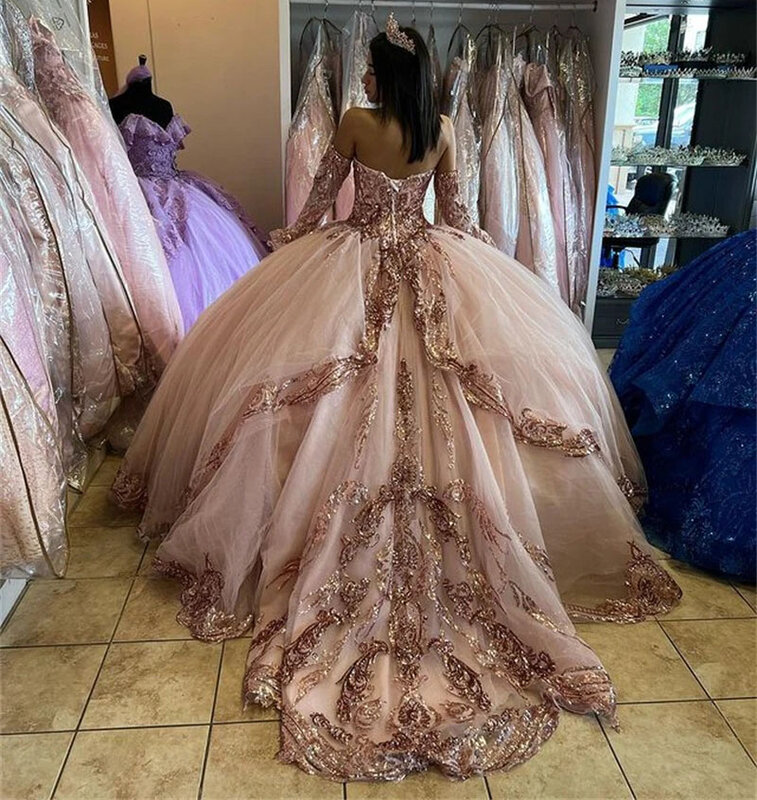 Różowe złoto Quinceanera sukienki suknia balowa ukochana tiul aplikacje błyszczące słodkie 16 sukienek 15 Años meksykańskie