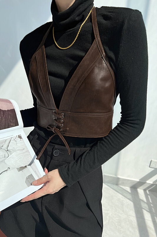 2023 New Style Women's Fashion Sling Bra Genuine Sheepskin Leather Inside Small Vest