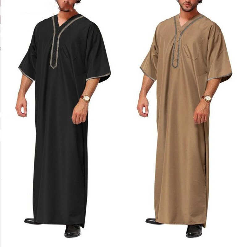 Fashion jubah pria Homewear Kaftan M-2XL panjang selutut pria gaun malam Muslim poliester Saudi Abaya pendek