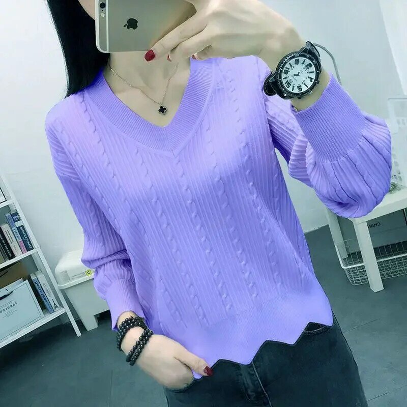 Fashion Loose V-Neck Solid Color Folds Ruffles Sweaters Women's Clothing Autumn Winter Loose Commuter Pullovers Casual Tops E107