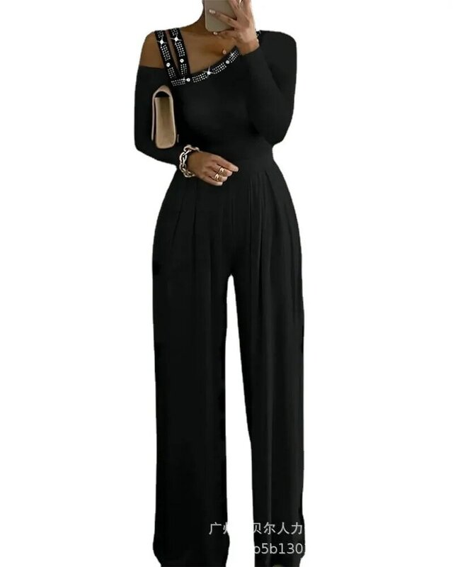Eleganckie damskie jednokolorowe proste luźny kostium sportowy spodnie 2023 Summer Fashion Hollow Out jedno ramię z długim rękawem szerokie nogawki kombinezon