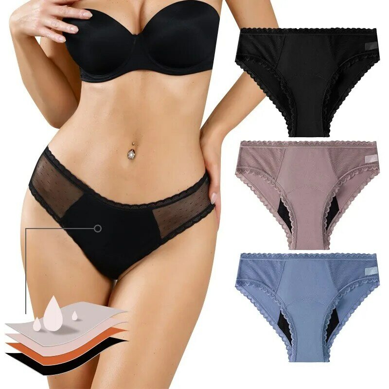 Menstrual Panties Mid-waist Lace Sanitary Trousers Organic Cotton Period Underwear for Women