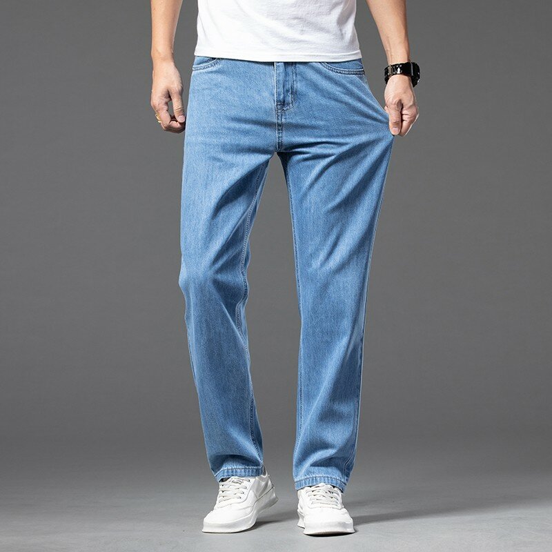 2022 Business Casual Stretch spodnie dżinsowe męskie niebieskie czystej bawełny 100% dżinsy z prostymi nogawkami męskie marki Plus rozmiar 40 42