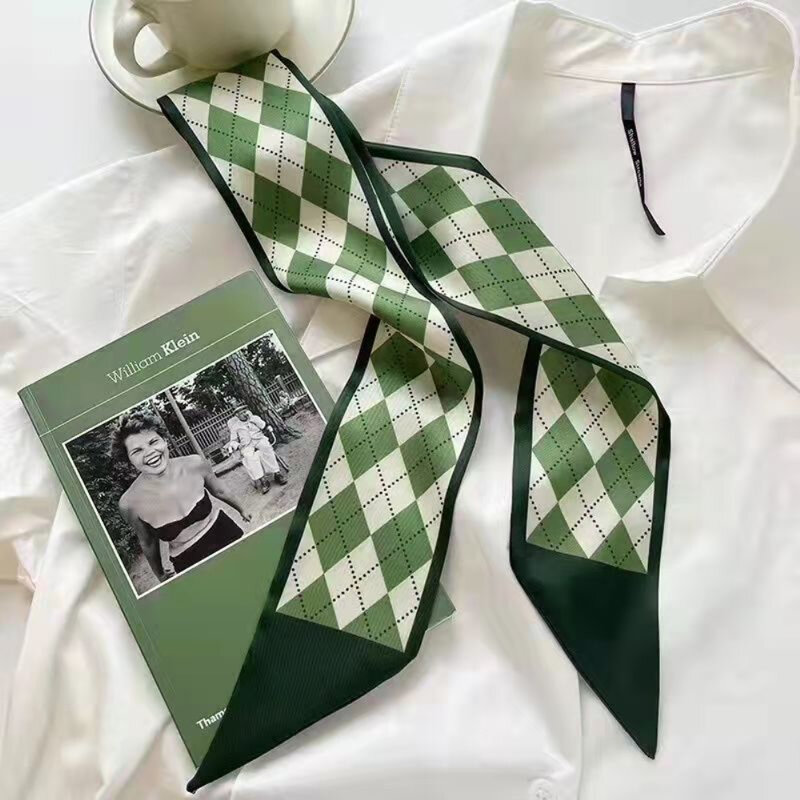 Lenço macio fino e versátil pequeno para mulheres, acessório estreito elegante, lenço decorativo elegante, lenço decorativo verde pequeno, 7cm de largura