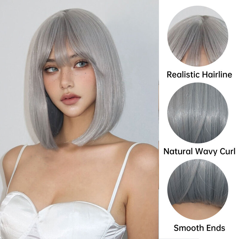 LOUIS FERRE srebrno-szare peruki syntetyczne dla kobiet krótkie proste włosy w stylu Bob peruki z grzywką codzienne Cosplay włókna włosów peruki dla dziewczynek
