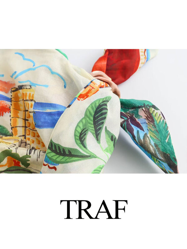 TRAF 2024 여성용 캐주얼 프린트 2 피스 스커트 세트, 포켓 라펠 싱글 브레스트 셔츠 탑 + 슬림 플리츠 지퍼 포켓 스커트, 여름
