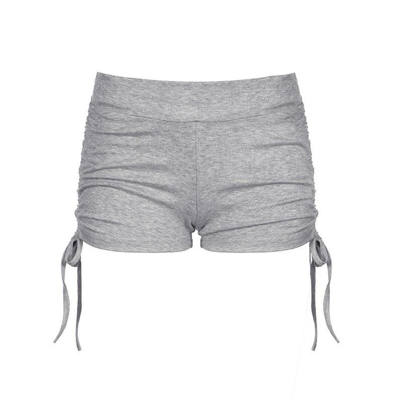 Shorts de cordão feminino, elástico na cintura, monocromático, mini, verão, básico, casual, roupa suave e confortável