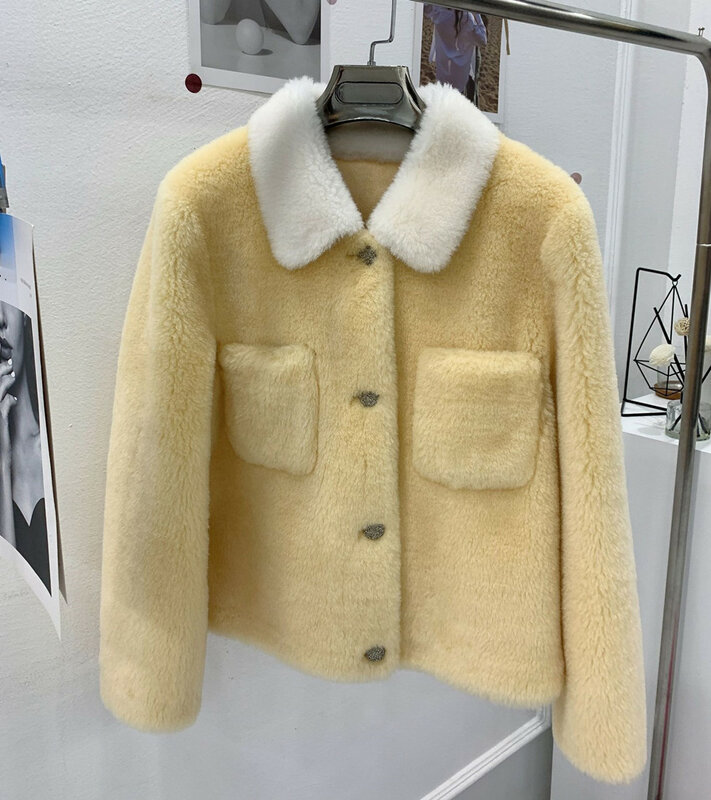 2022 Autumn Winter Chic Women High Quality Wool Fur Leather Pockets Jackets Coat F032