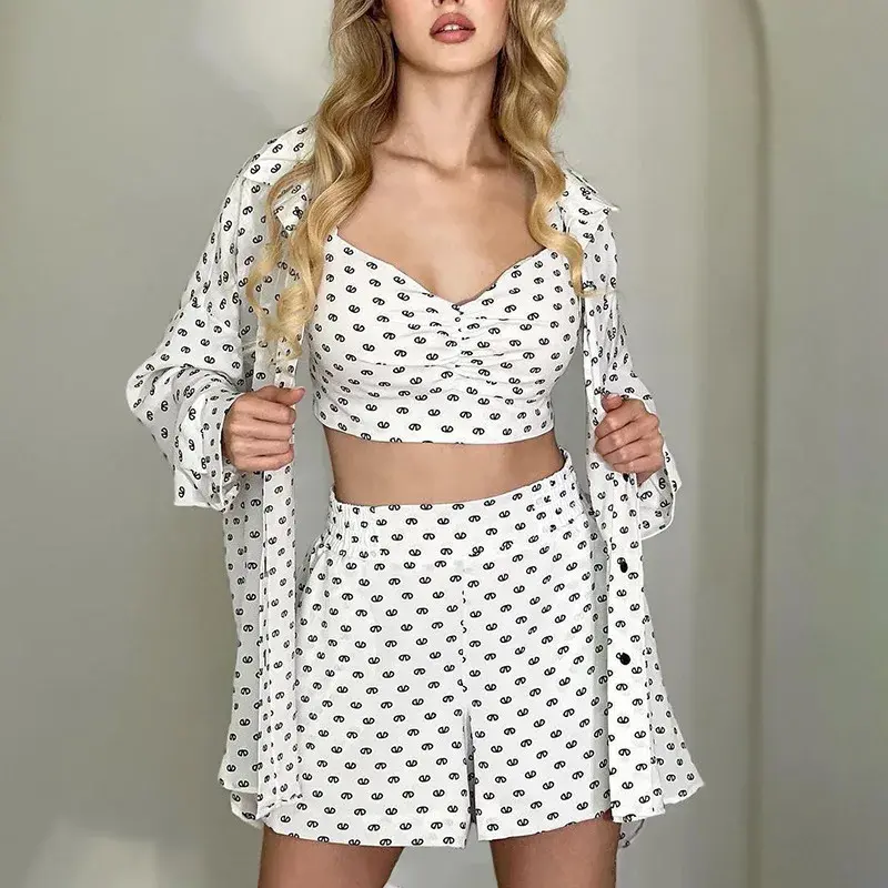 New Arrived Fashion Women's Pajamas Print Soft Women Underwear Dress Sex Long Sleeved Sleepwear Sleeping Pants Three Piece Set
